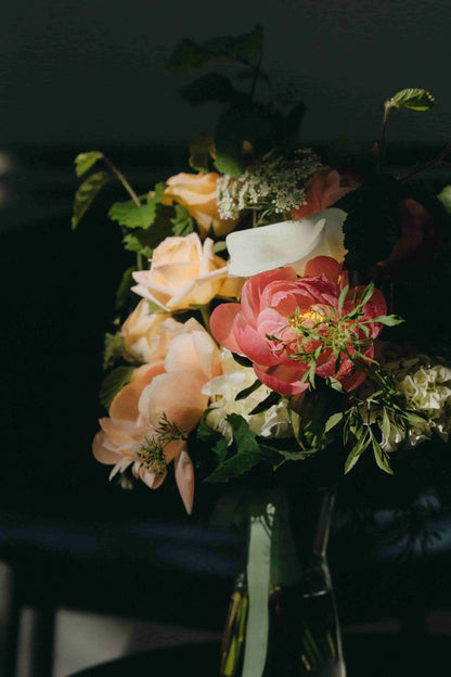 Classic flower subscription bouquet on black round table – Kvetka Flower Portland
