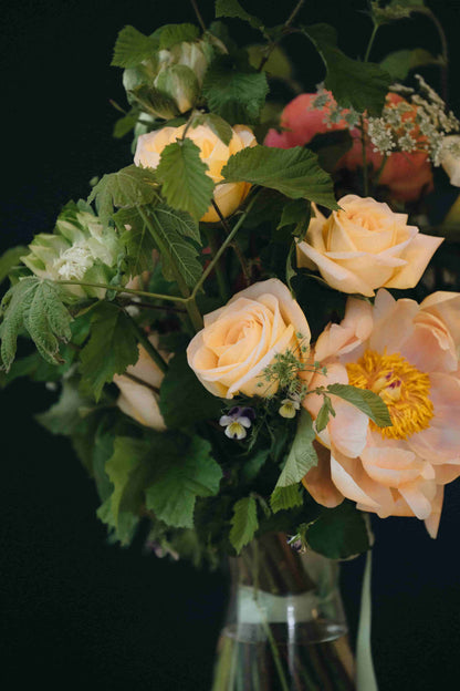 Seasonal roses, peonies, and Queen Anne’s lace in bouquet – Portland florist