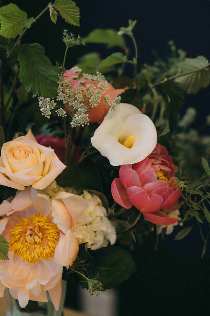 Bright peonies and roses in seasonal bouquet – local flower subscription Portland