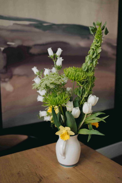 Premium seasonal bouquet with green mums, tulips, and daffodils – part of Kvetka Flower's Portland subscription service