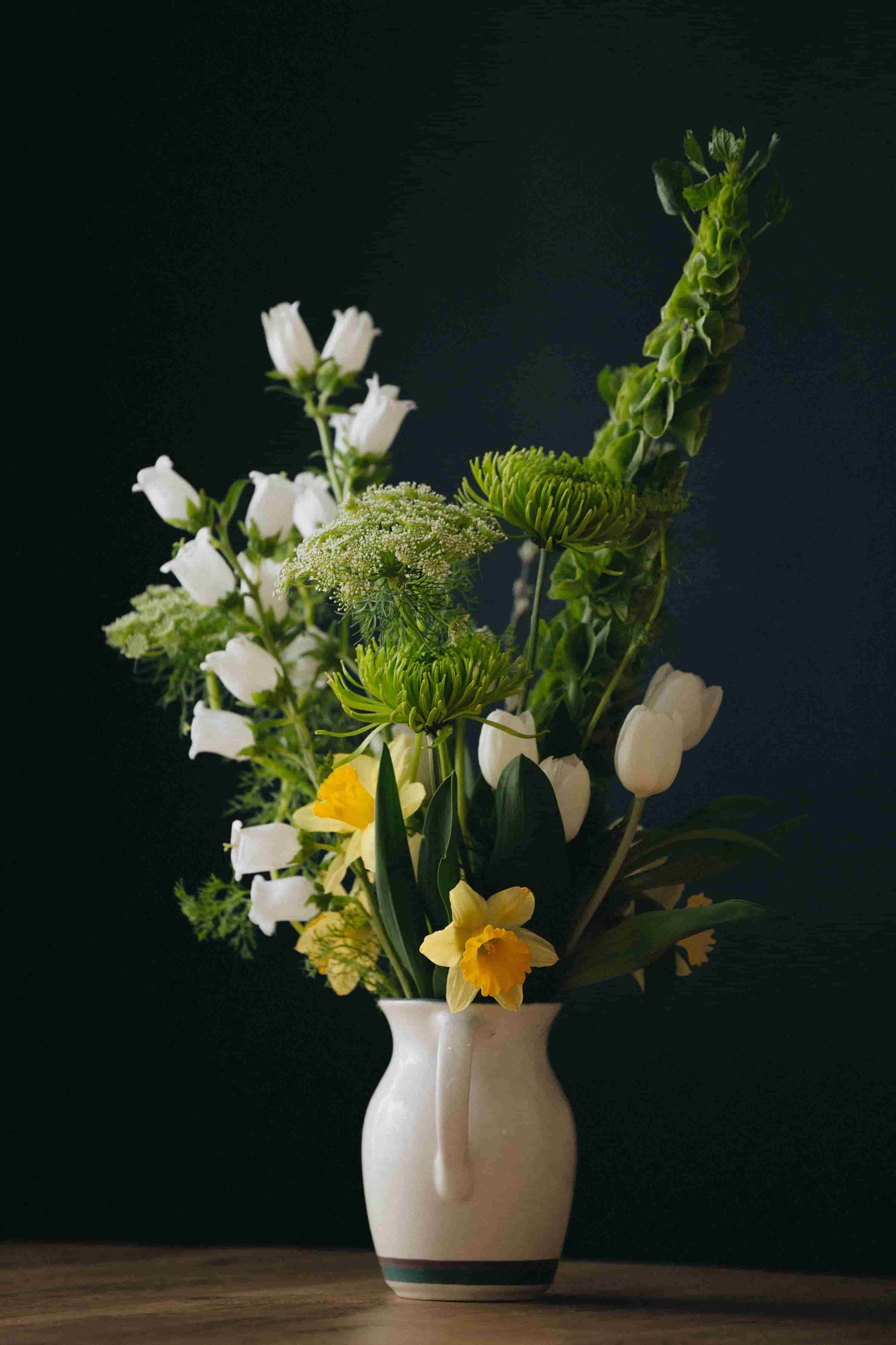 Full Deluxe bouquet with white bellflowers, green Queen Anne's lace and daffodils – Kvetka Flower Portland OR