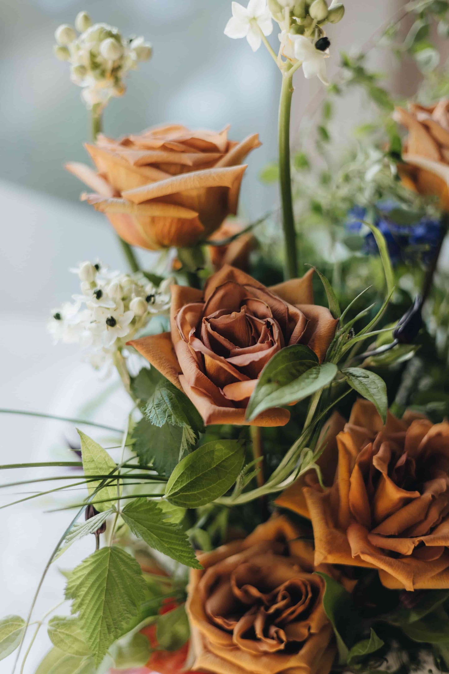 Amber roses and blue cornflowers in natural light — unique flower bouquet from Kvetka Flower Portland
