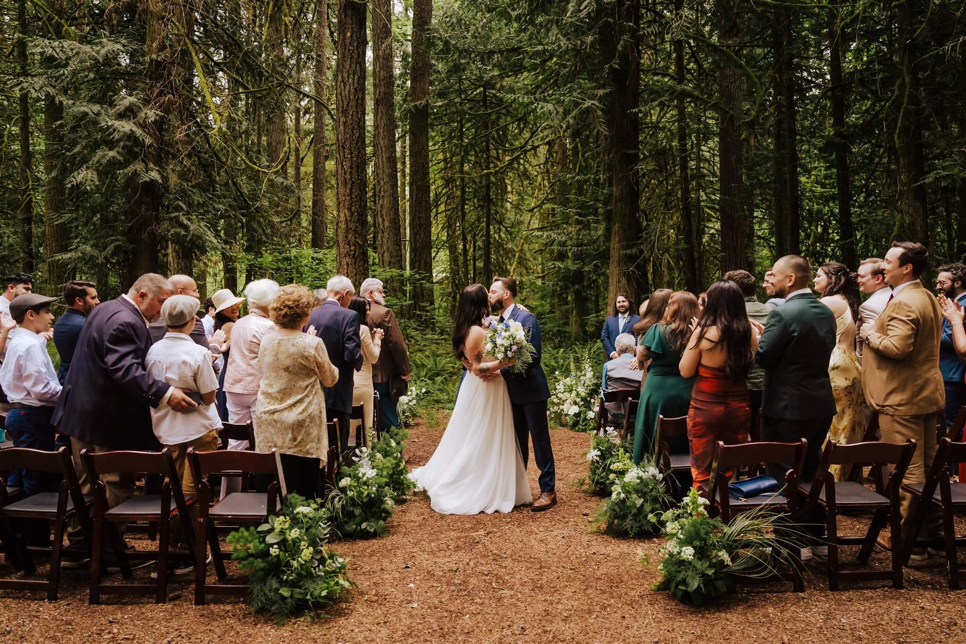 Bride and groom with their dog after forest wedding ceremony at Camp Colton – by Kvetka Flower, Portland OR
