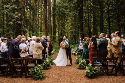Bride and groom with their dog after forest wedding ceremony at Camp Colton – by Kvetka Flower, Portland OR
