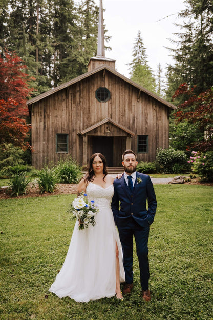 Groom portrait in blue suit with forest greenery background at Camp Colton – by Kvetka Flower, Portland OR
