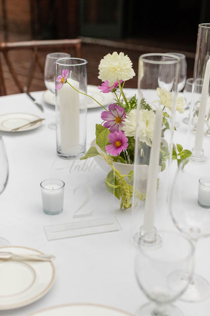 Airy round table wedding centerpiece with pink cosmos, white dahlia and chrysanthemum by Kvetka Flower Portland