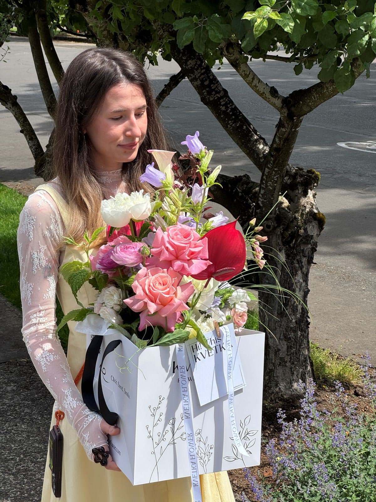 Summer flower bouquet with pink garden roses, white peony, red anthurium and campanula, handcrafted by Kvetka Flower Portland Oregon florist for same-day delivery