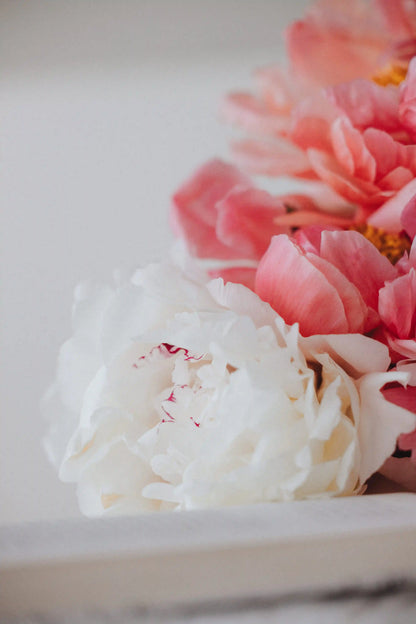 Coral and white peony bouquet with two-tone color option from Kvetka Flower in Portland