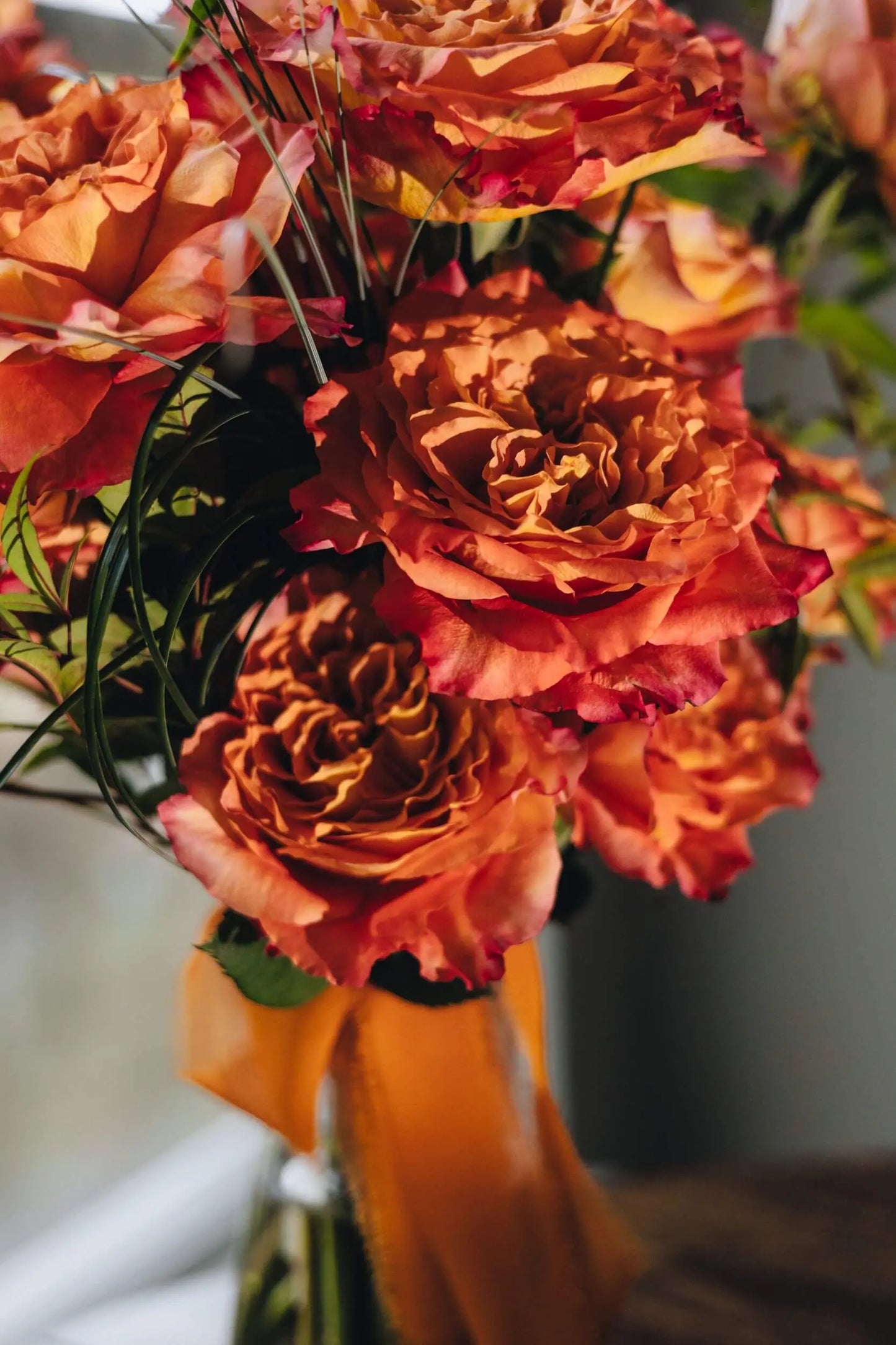 Detail of orange rose petals premium long stem roses Kvetka Flower Portland