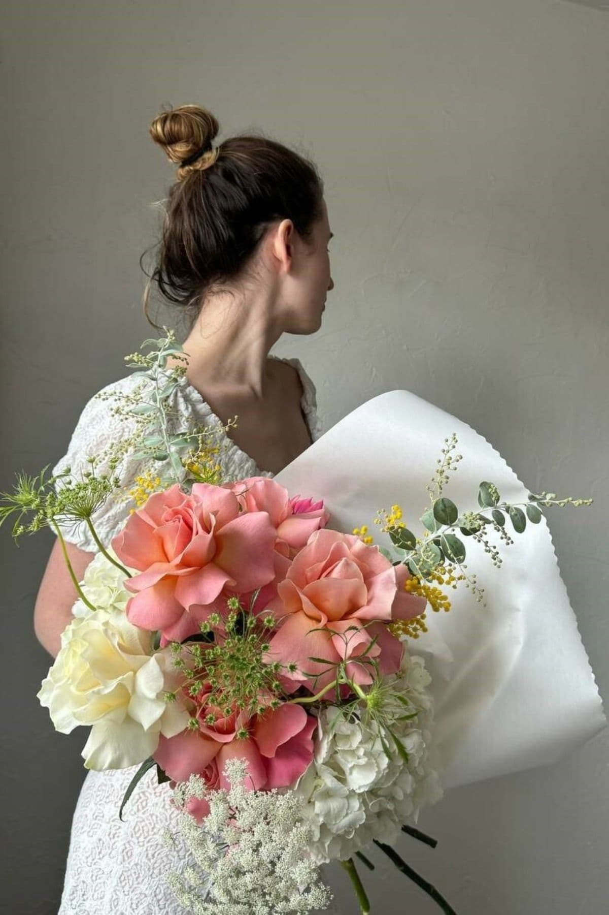 Pink Acacia bouquet of pink French roses with yellow acacia, white hydrangea, and Queen Anne's Lace by Kvetka Flower Portland