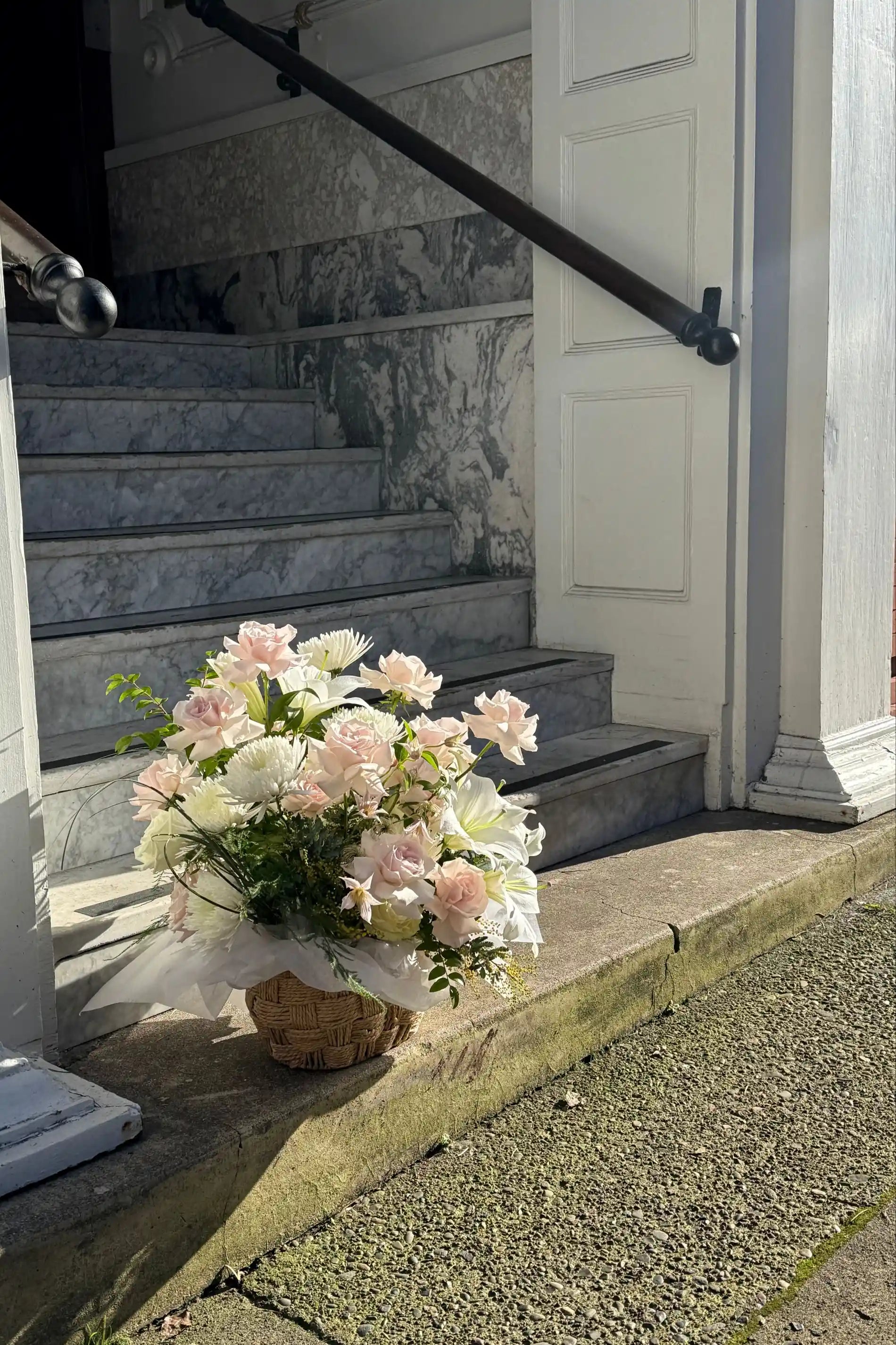 Romantic flower basket with blush roses and lilies doorstep delivery Portland Kvetka Flower