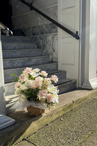 Romantic flower basket with blush roses and lilies doorstep delivery Portland Kvetka Flower
