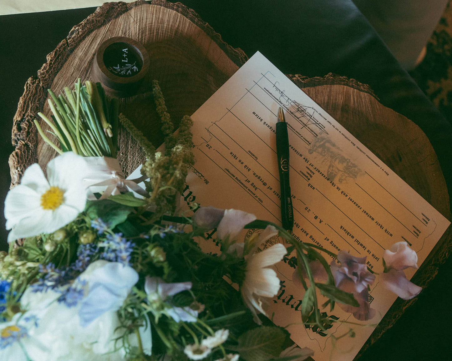 Wedding certificate with bridal bouquet styled by Kvetka Flower Portland OR